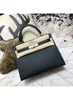 Her.mes Kelly 25/28/32cm Sellier Bag Epsom Leather Silver/Gold Metal In Black WAX High